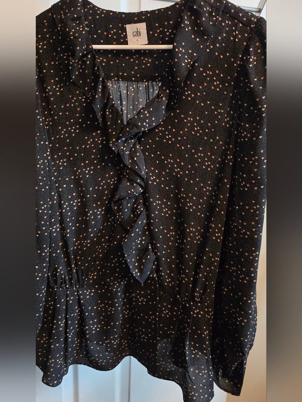 Cabi Black Heart-Print Ruffle Front Blouse
